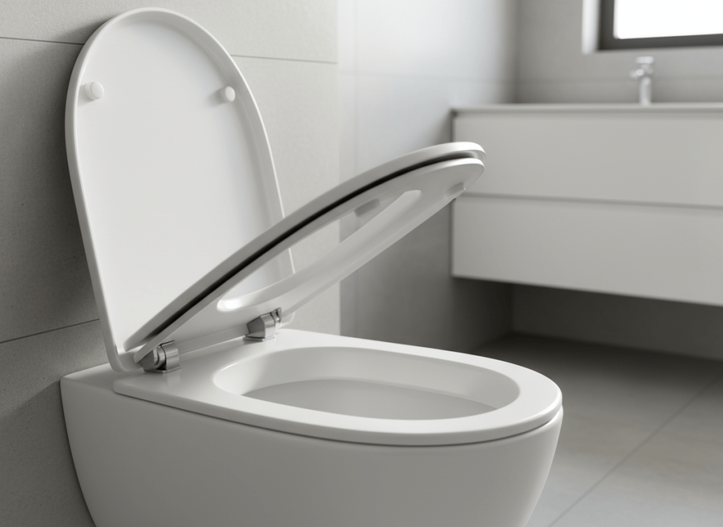 A gleaming, modern white toilet with an innovative Bravo WC seat in close-up, the oval seat crafted from high-quality, satin-finish thermoplastic with a slim, elegant profile. The seat is shown perfectly raised by its hidden spring mechanism, revealing an impeccably clean bowl and hinge area. The toilet is positioned in a minimalist, bright bathroom with large light-grey porcelain tiles and a floating white vanity blurred in the background. Soft, diffused daylight pours in from an unseen window, creating gentle reflections on the ceramic and subtle shadows under the seat. Photographic realism, shot at eye level with a slightly angled perspective, sharp focus on the seat mechanism and a mild bokeh background, conveying a professional, hygienic, and innovative atmosphere.