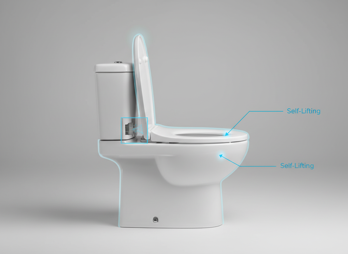 A technical, infographic-style photographic scene featuring a Bravo WC toilet in the center, its self-lifting seat in the upright position, surrounded by subtle semi-transparent overlays and arrows pointing to the hinge area and seat edges. The toilet rests in a neutral, soft-grey studio environment without distracting decor. Controlled studio lighting from above and slightly to the front ensures every contour of the seat and bowl is crisp and shadow detail is clear. The camera sits at eye level, capturing the full side and top of the toilet. Photographic realism combined with clean graphic accents (no text), conveying a clear, professional, instructional mood ideal for illustrating how the seat stays clean and lifted automatically.