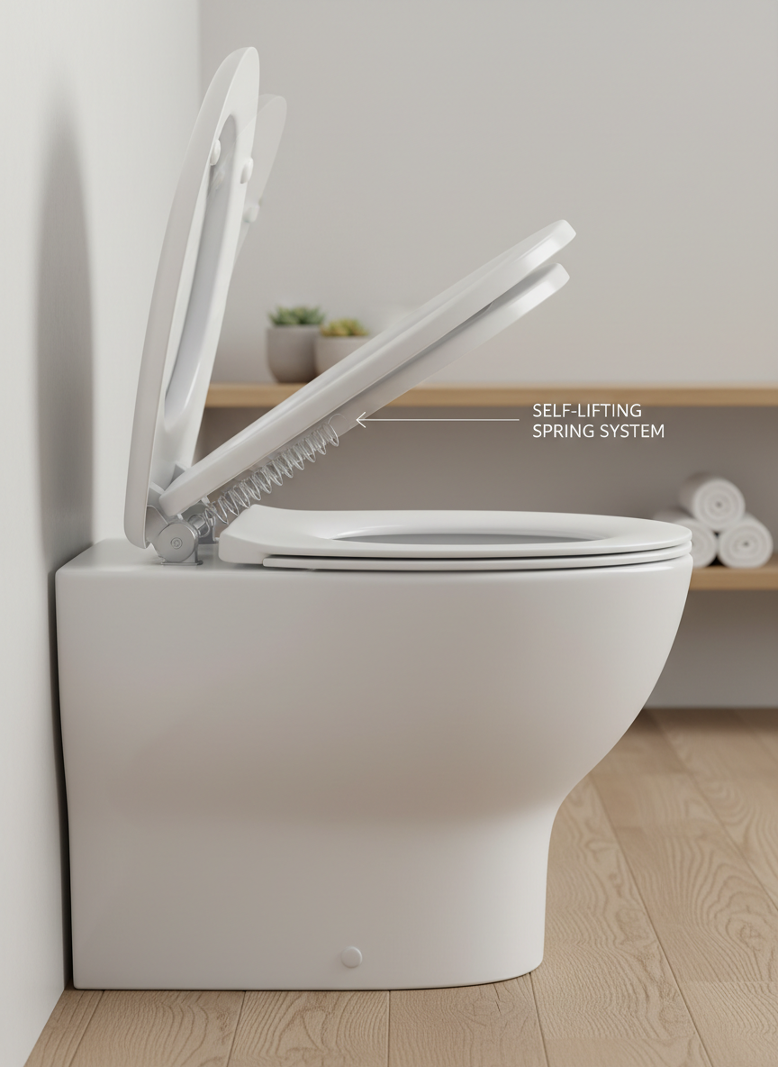 A detailed side-view cutaway of a Bravo WC toilet seat installed on a sleek white ceramic toilet, the internal spring system subtly visible through a semi-transparent overlay of the hinges. The seat is shown in motion, mid-rise, illustrating how it lifts itself smoothly after use. The toilet stands in a clean, contemporary bathroom with matte white walls and a light oak floor, minimalist shelving softly out of focus in the background. Neutral studio-style lighting evenly illuminates surfaces, with gentle highlights along the curves of the seat. The composition uses a centered, technical yet photographic realism style, with crisp focus on the mechanism and slight depth of field, creating a professional, educational mood suitable for explaining the product’s unique technology.