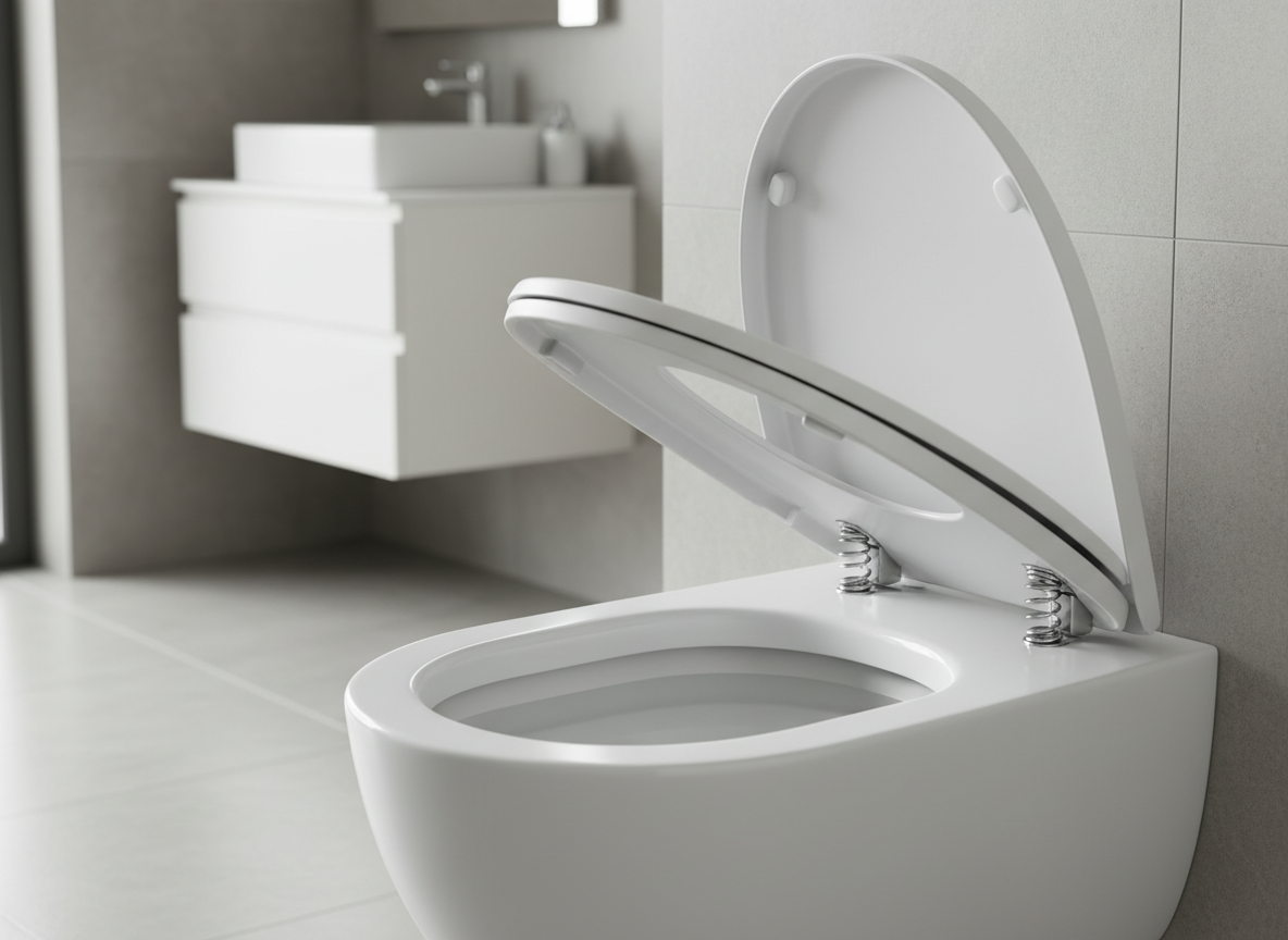 A close-up, photographic realism shot of an elegant Bravo WC toilet with its innovative seat captured mid-lift, clearly showing the smooth white ceramic bowl and a high-quality, matte-finish white seat with discreet integrated springs at the hinges. The toilet is installed in a spotless, modern bathroom with light grey large-format tiles and a floating white vanity blurred in the background. Soft, diffused daylight enters from an unseen window, casting gentle, clean shadows that highlight the automatic lifting motion. Shot at eye level with a slight angle to emphasize the hinge mechanism, using a shallow depth of field so the Bravo WC seat is in crisp focus. The mood is hygienic, professional, and reassuringly high-tech.