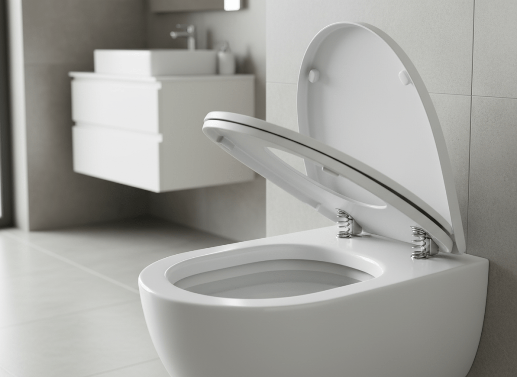 A close-up, photographic realism shot of an elegant Bravo WC toilet with its innovative seat captured mid-lift, clearly showing the smooth white ceramic bowl and a high-quality, matte-finish white seat with discreet integrated springs at the hinges. The toilet is installed in a spotless, modern bathroom with light grey large-format tiles and a floating white vanity blurred in the background. Soft, diffused daylight enters from an unseen window, casting gentle, clean shadows that highlight the automatic lifting motion. Shot at eye level with a slight angle to emphasize the hinge mechanism, using a shallow depth of field so the Bravo WC seat is in crisp focus. The mood is hygienic, professional, and reassuringly high-tech.
