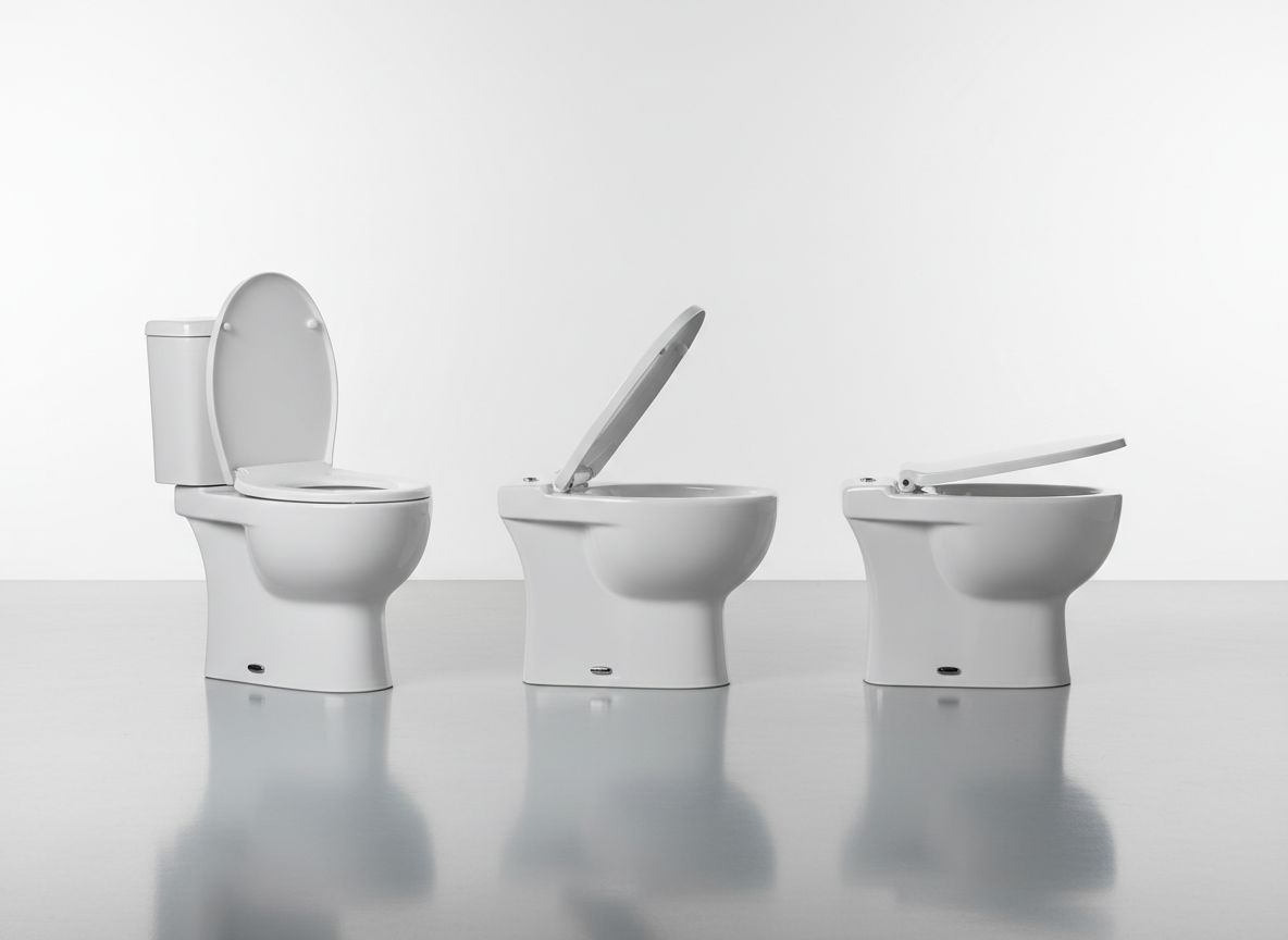 A sleek, photographic realism product lineup of three Bravo WC units in a row, each at a slightly different angle to showcase the design and the self-lifting seat feature. The toilets are set against a seamless, soft white studio backdrop, with a reflective, light grey floor that subtly mirrors their bases. Controlled, diffused studio lighting from both sides eliminates harsh shadows, illuminating the glossy ceramic bowls and smooth seats. One unit shows the seat fully raised, one mid-lift, and one just above the bowl, visually narrating the lifting sequence. The composition is balanced and professional, with sharp focus across all three products. The atmosphere is corporate, polished, and trustworthy, ideal for use in product catalogs and business presentations.