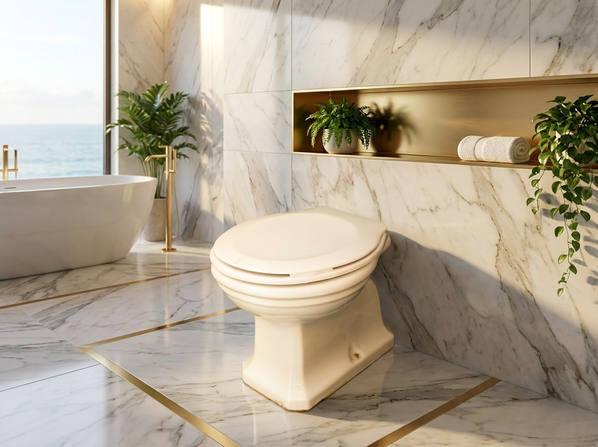 Un bagno elegante con un tavolo da toeletta e un bagno a vista mare.